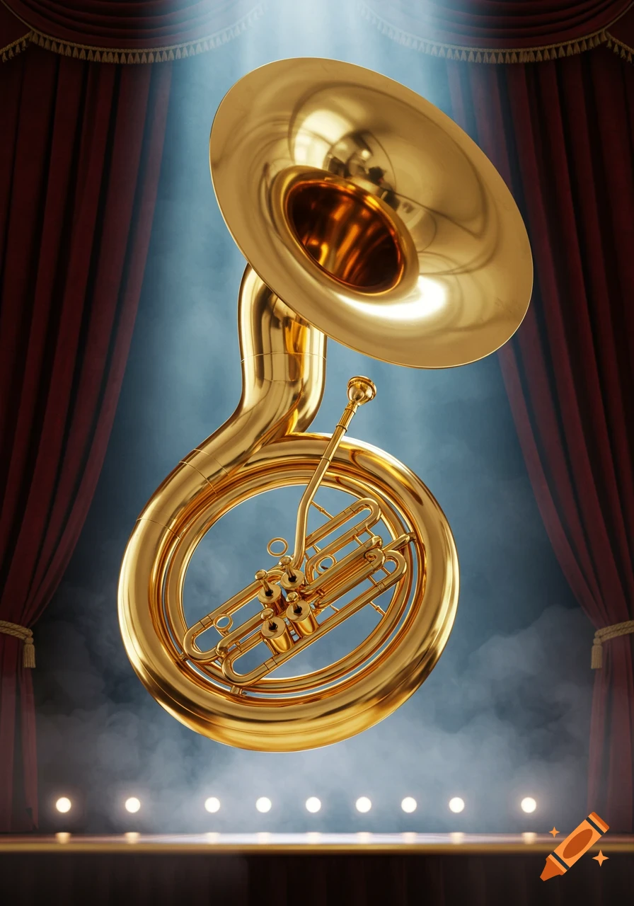 A golden sousaphone floats centrally on a theatrical stage with red curtains, spotlights, and haze.