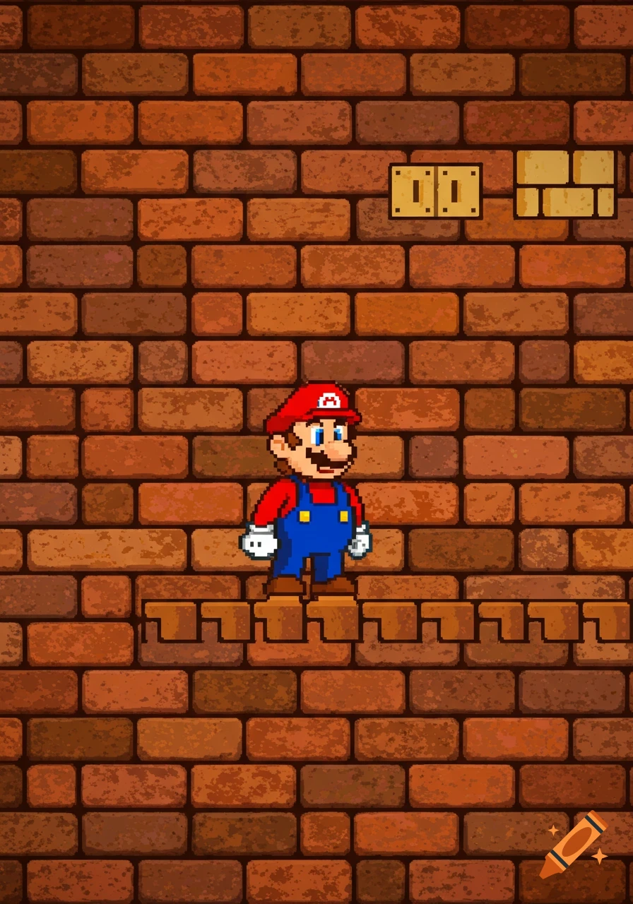 Pixel art of Mario standing on a brick platform against a brick wall, with question mark blocks above.
