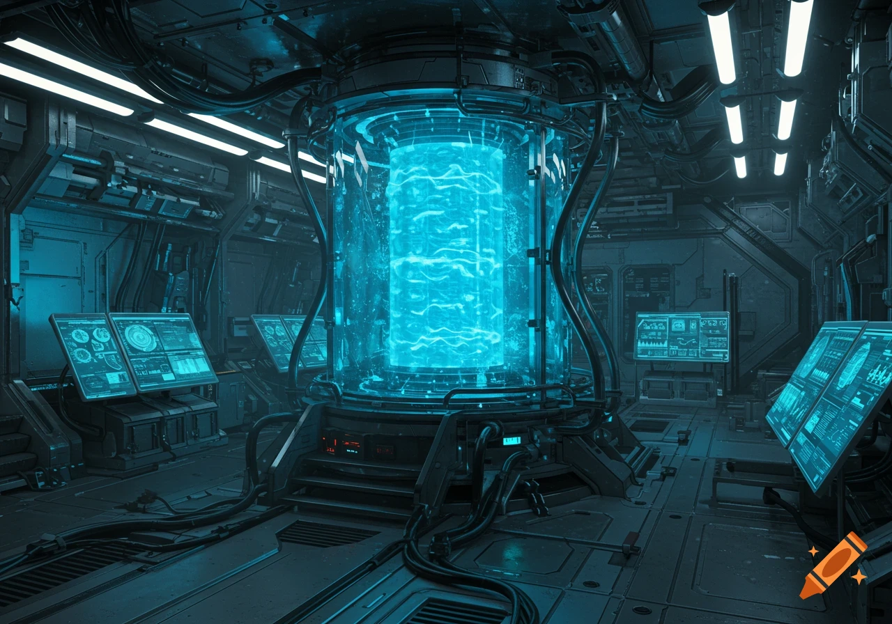 A bright blue glowing reactor core inside a futuristic, dark grey metallic room with multiple screens displaying data.