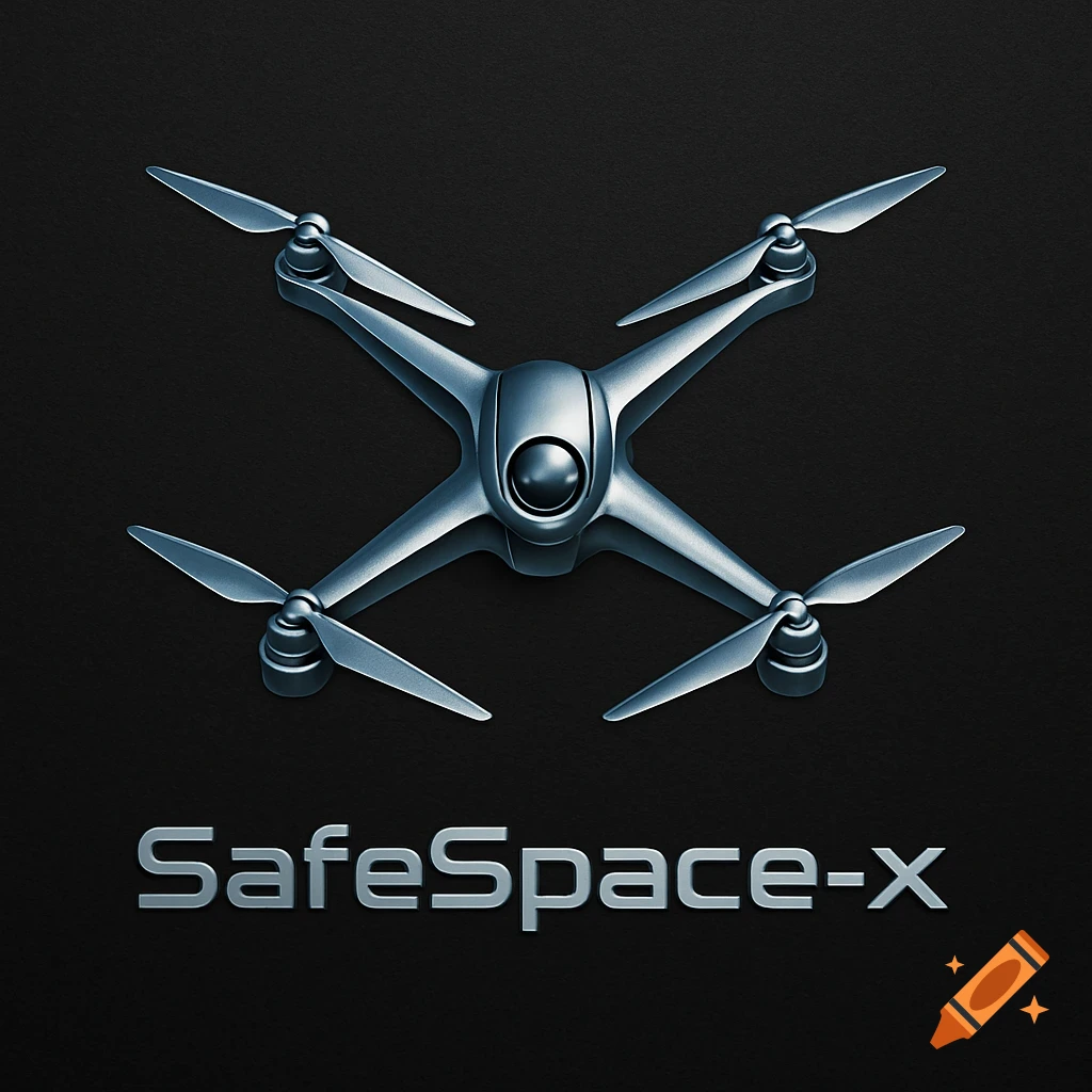 A professional metallic gray drone logo with four propellers above the text 'SafeSpace-x' on a dark background.