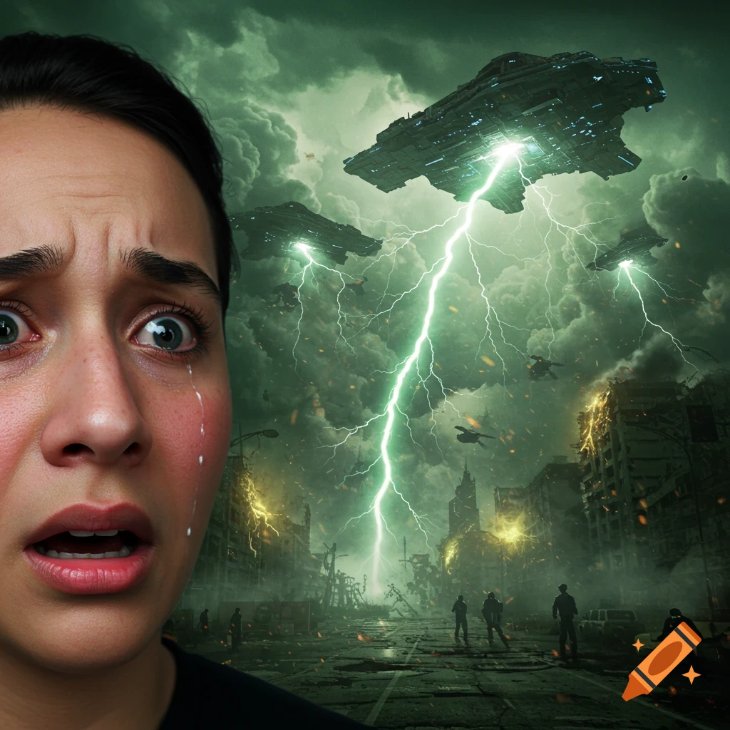 Terrified woman crying in the foreground, with alien spaceships attacking a ruined city in the background under a green, stormy sky.
