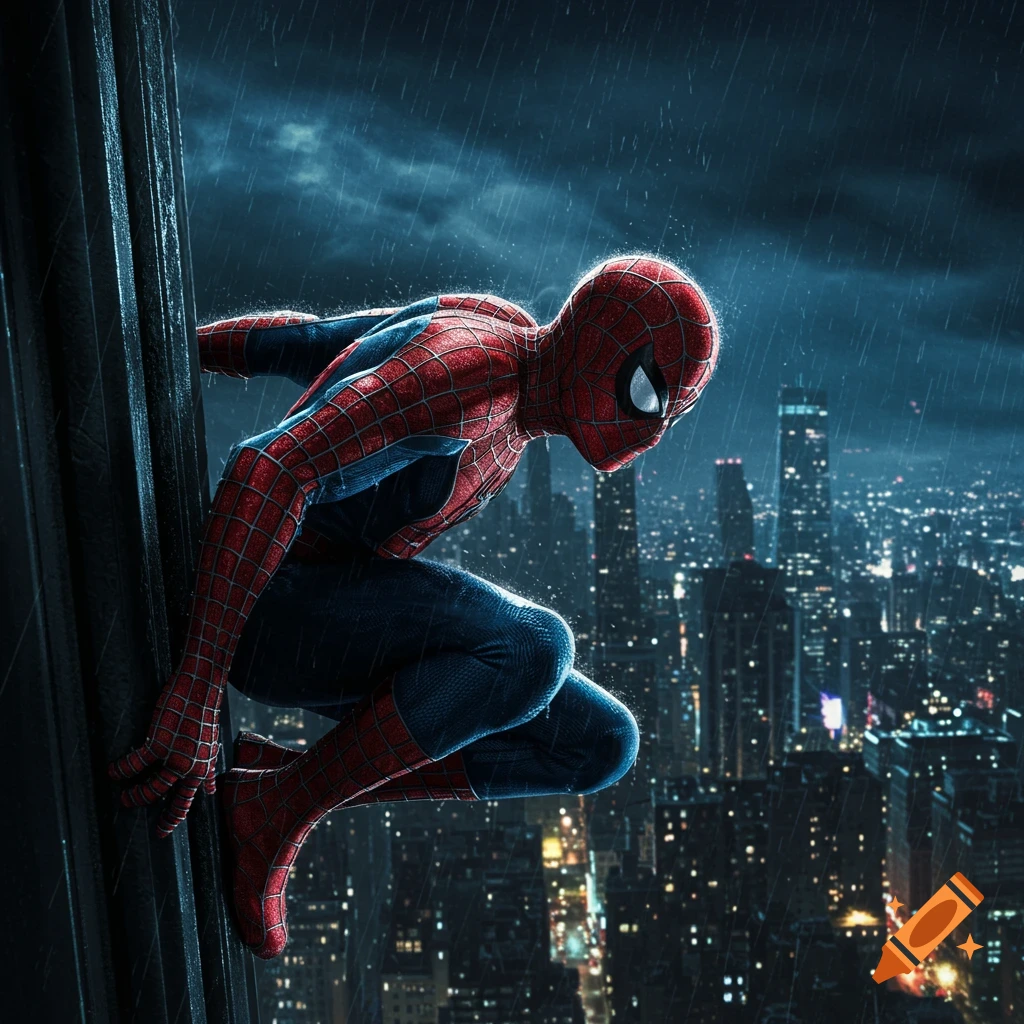 Spider-Man clings to a skyscraper in a rainy, dark city, illuminated by distant building lights in a photorealistic style.