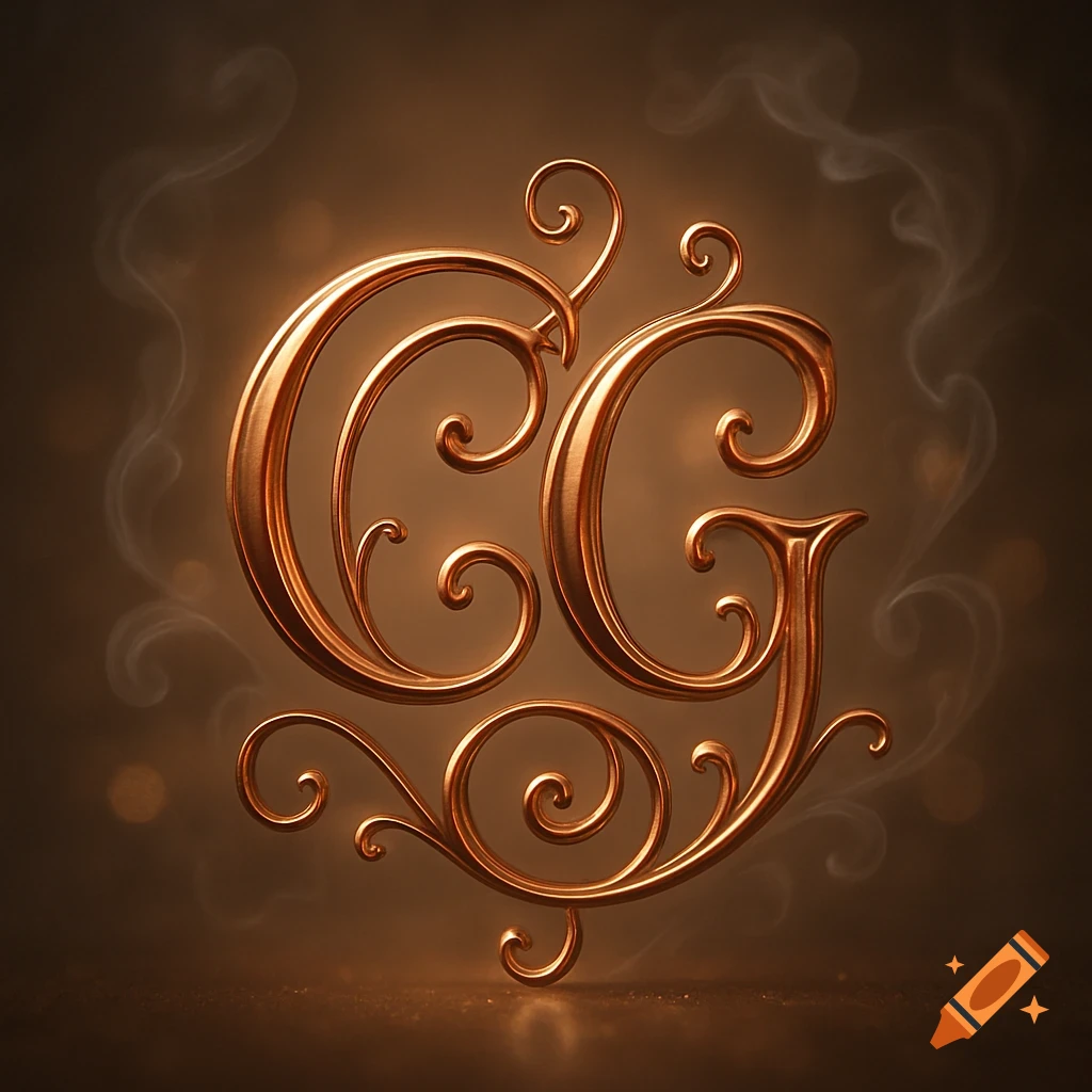 Ornate copper 'CG' monogram logo with swirling flourishes and a warm glow on a dark, smoky background.