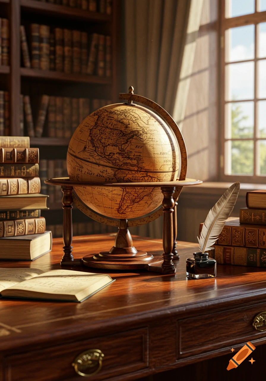 A sunlit wooden desk in a historical study, featuring an antique globe, stacks of old books, an open book, a quill, and an inkwell. A bookshelf is in the background.