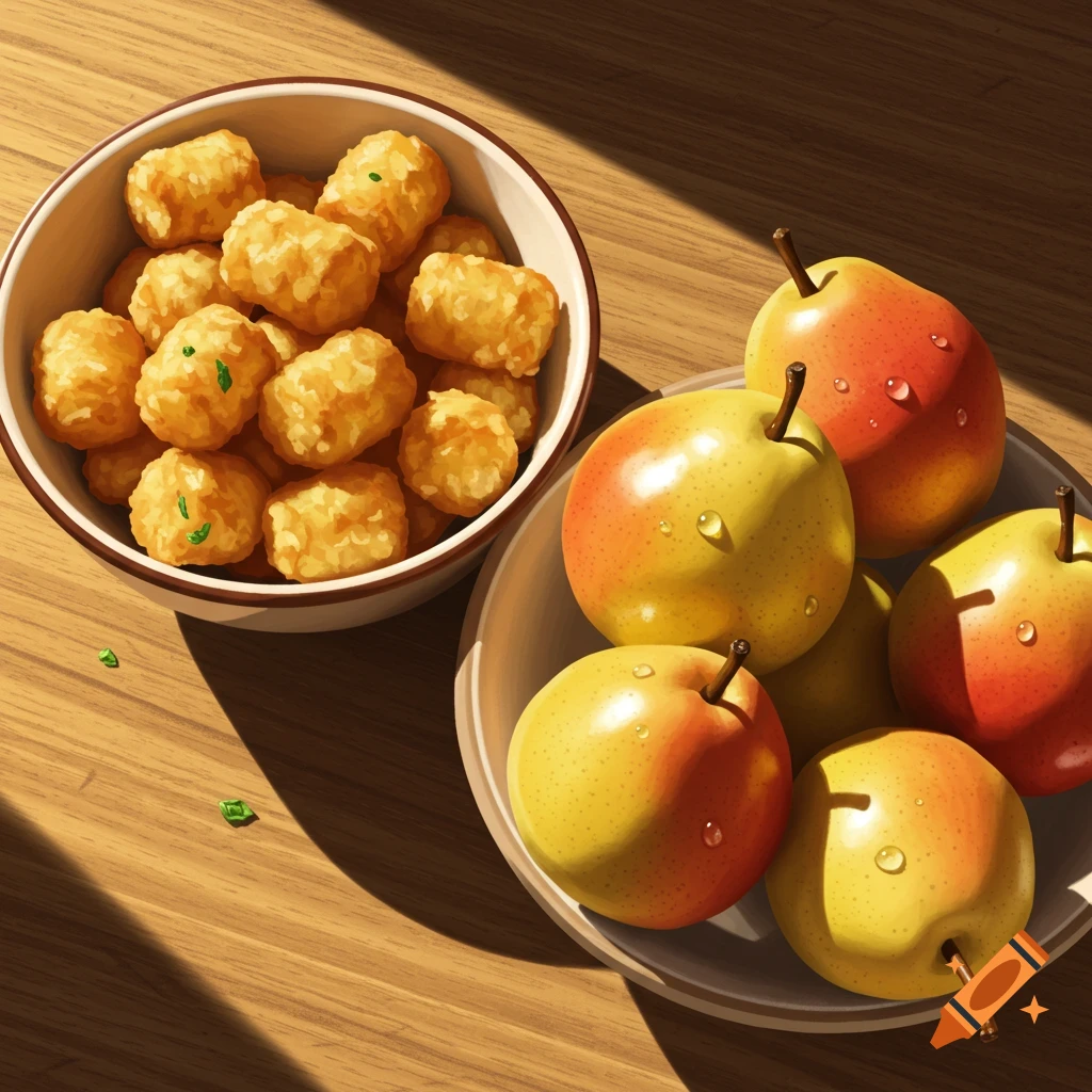 An illustrated still life of a bowl of tater tots and a plate of pears with water droplets on a wooden table in sunlight.