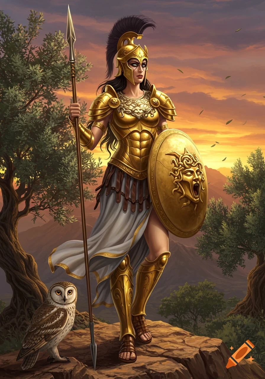 Digital painting of Athena in golden armor, holding a spear and a Medusa shield, standing on rocks with an owl at sunset.