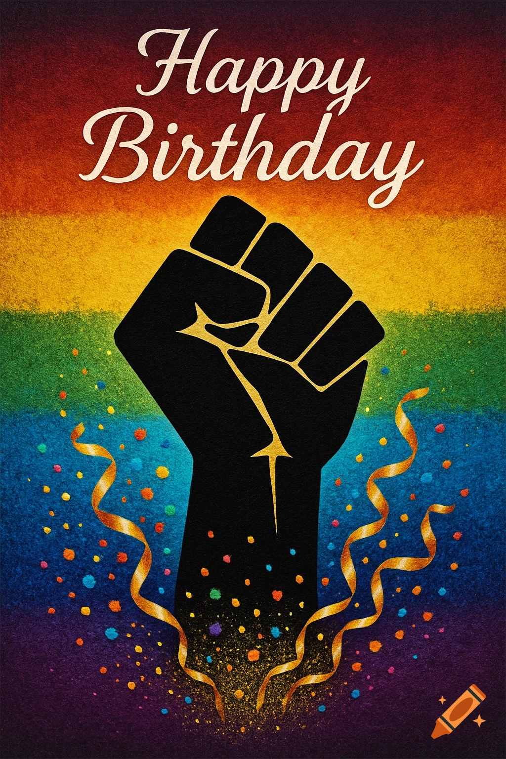 Happy Birthday card featuring a black raised fist with gold outlines on a vibrant rainbow background, surrounded by colorful confetti and gold ribbons.
