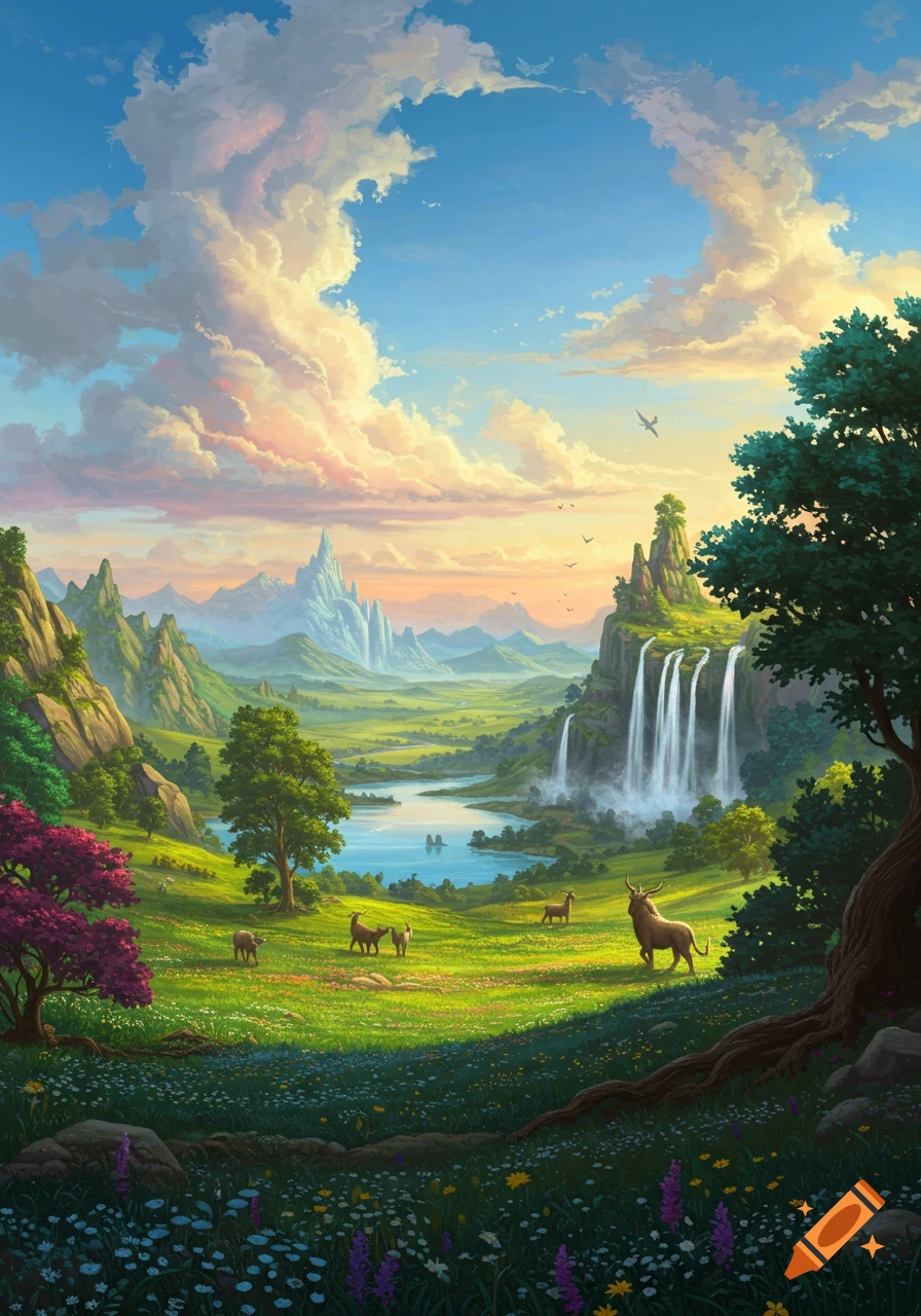 Vibrant fantasy landscape with waterfalls, towering mountains, a lake, deer grazing, and colorful clouds.