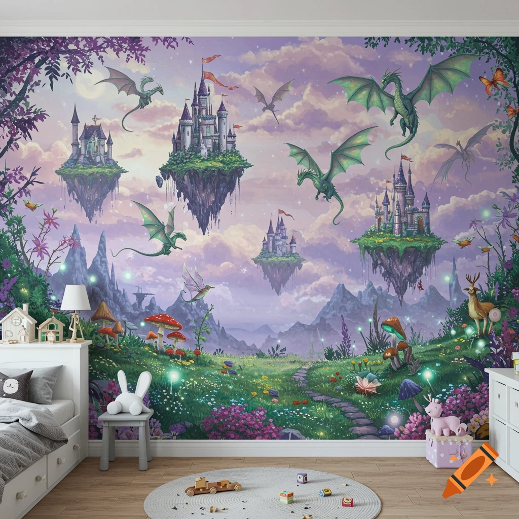 A child's room with a fantasy mural wallpaper featuring green dragons, floating castles, and a vibrant landscape with glowing plants. A white bed and toys are in the foreground.
