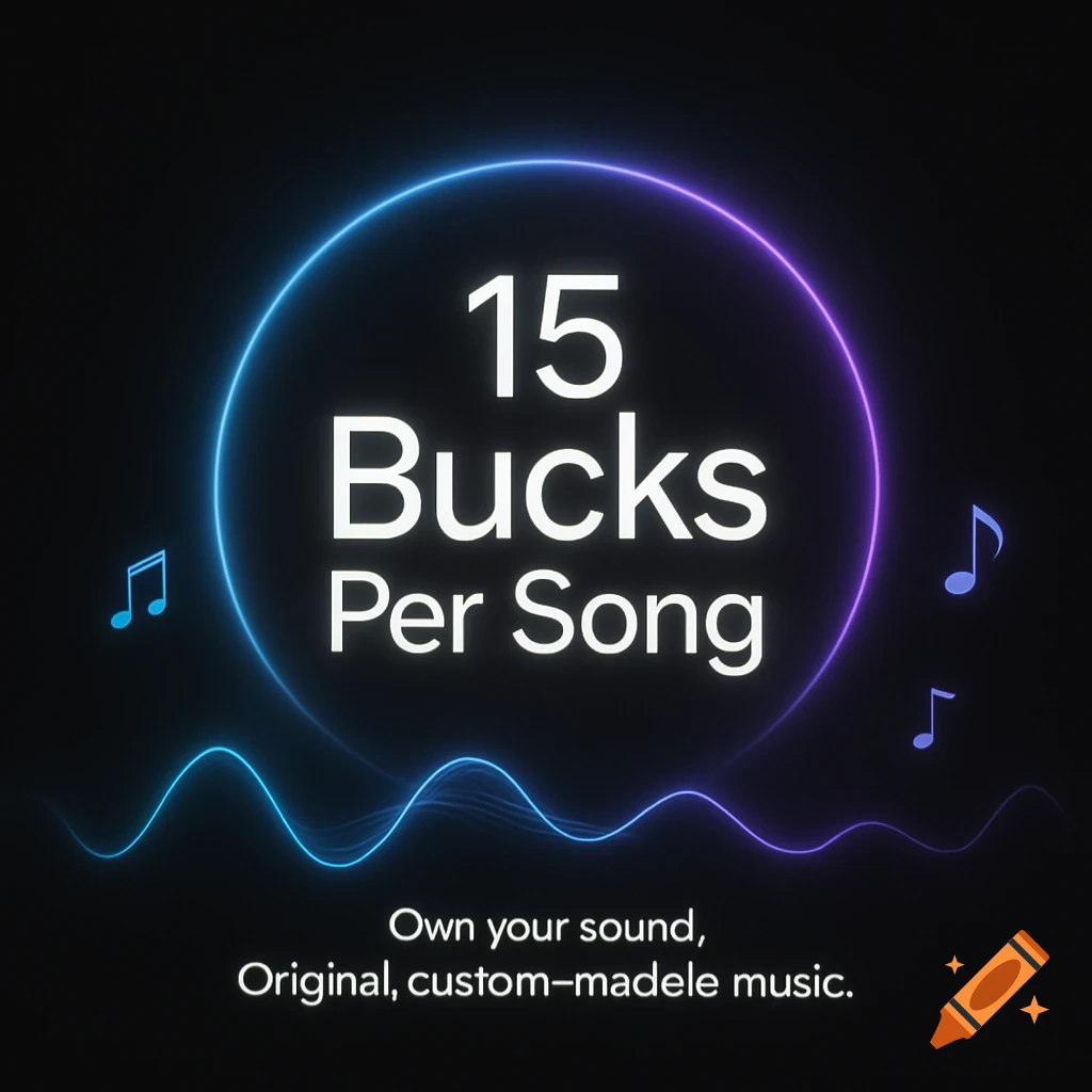 Minimalist ad for music, '15 Bucks Per Song' in a glowing neon circle with music notes and sound waves on a black background.