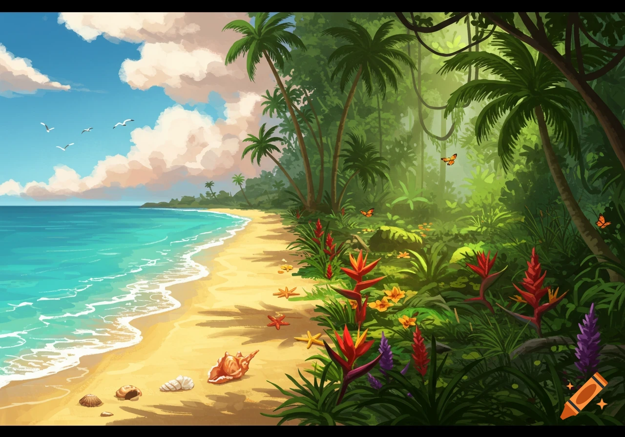 Vibrant illustration of a tropical beach with turquoise ocean, sandy shore, palm trees, lush jungle, and butterflies.