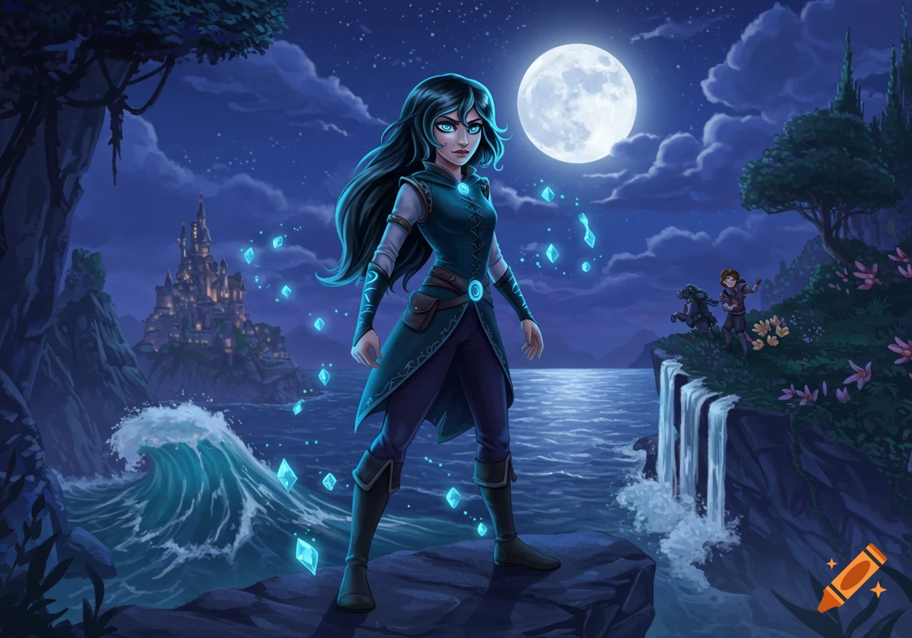 A female fantasy warrior with glowing blue crystals stands on a cliff at night with a full moon, castle, and sea.