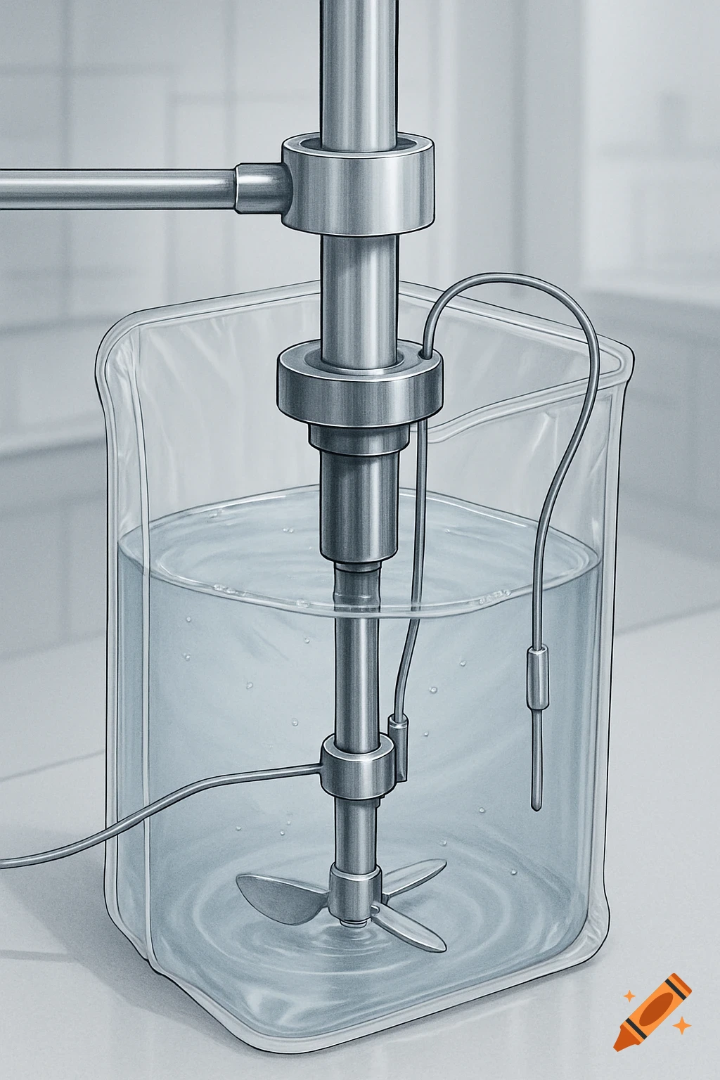 Detailed illustration of a laboratory mixer with probes immersed in a liquid-filled vessel.