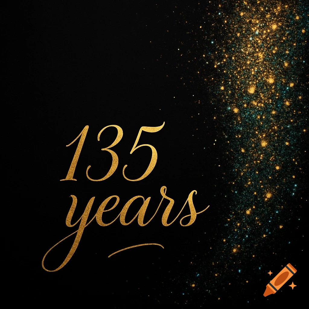 Gold cursive text "135 years" on a black background with gold and teal glitter.
