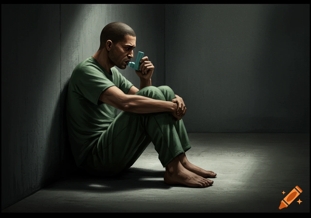 Illustrative depiction of a distressed inmate in a dark cell, wearing green, using an asthma inhaler.
