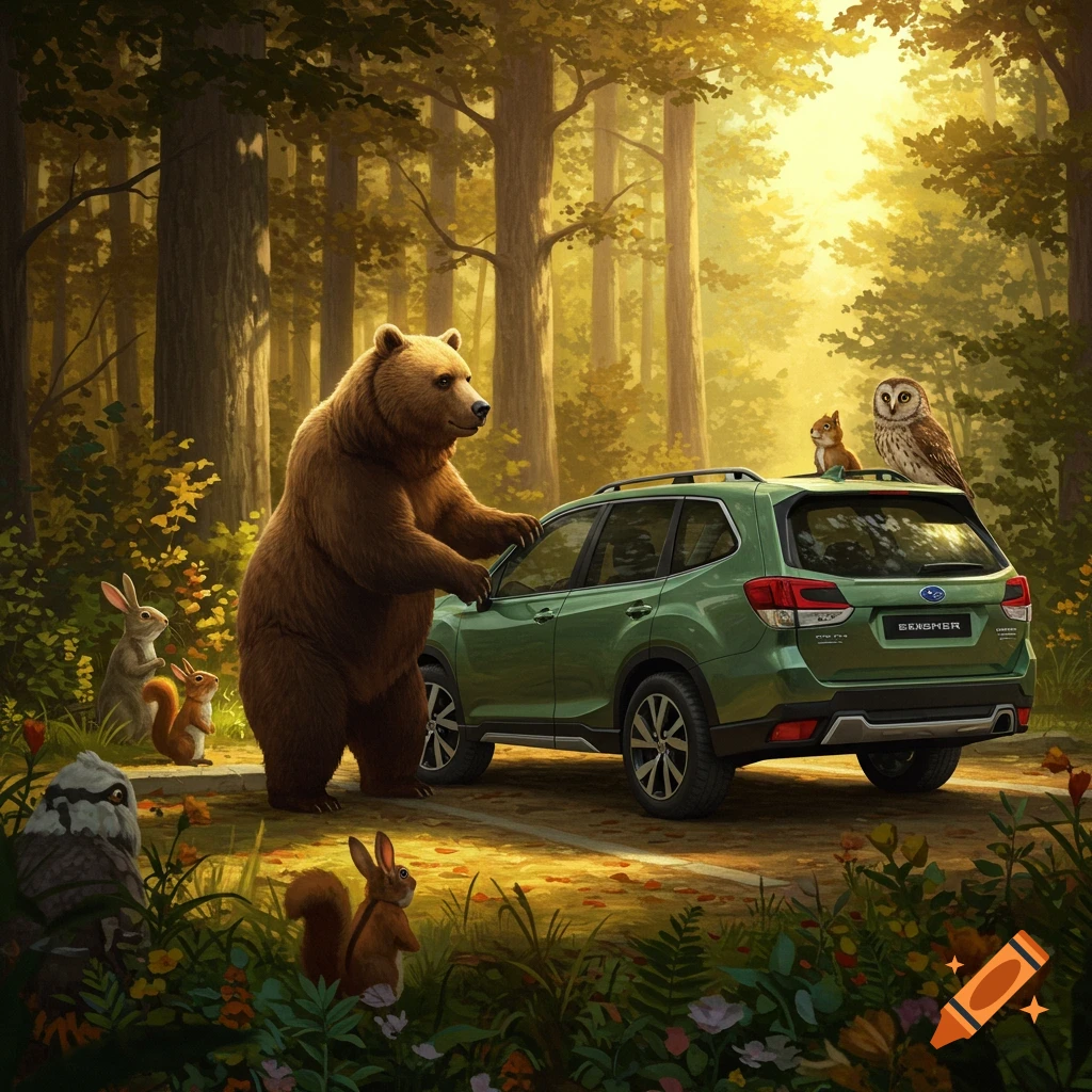 A brown bear stands by a green Subaru Forester car in a sunlit forest, with rabbits, squirrels, and an owl nearby, in an illustrative style.