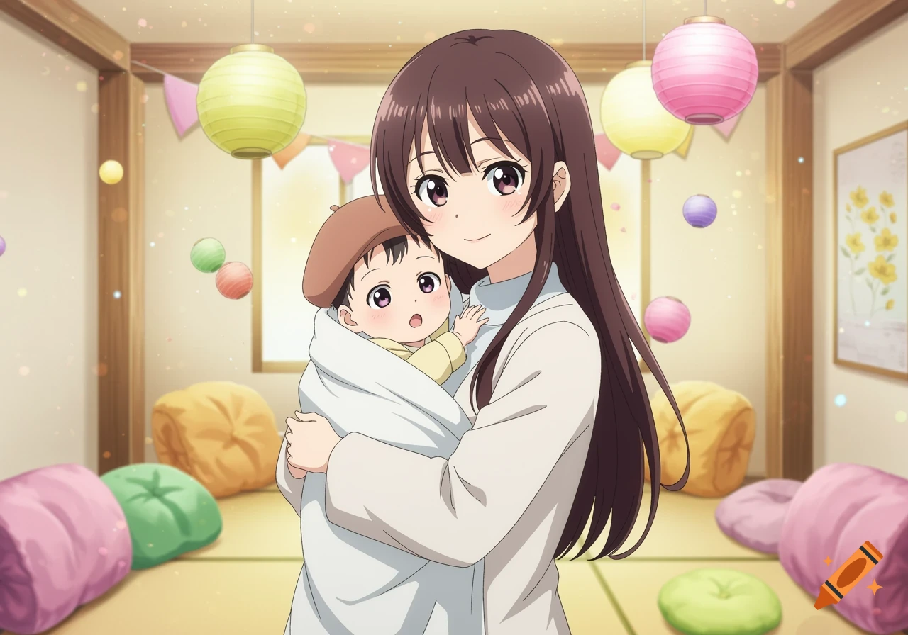 An anime woman with long dark hair holds a baby wearing a beret in a festive room with colorful lanterns and cushions.
