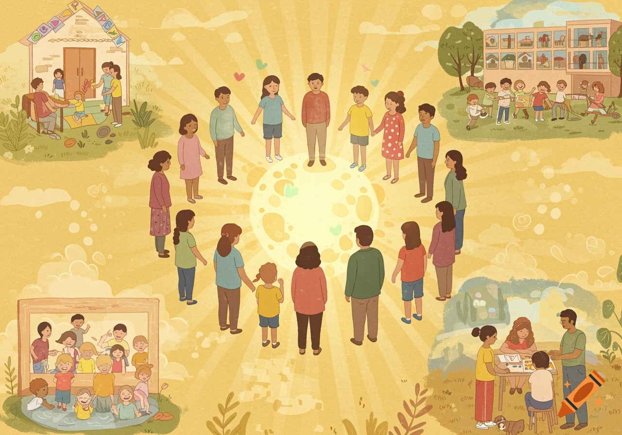 An illustration showing diverse children and adults holding hands in a circle, surrounded by scenes of learning and play at a school and home, all under a bright sun.