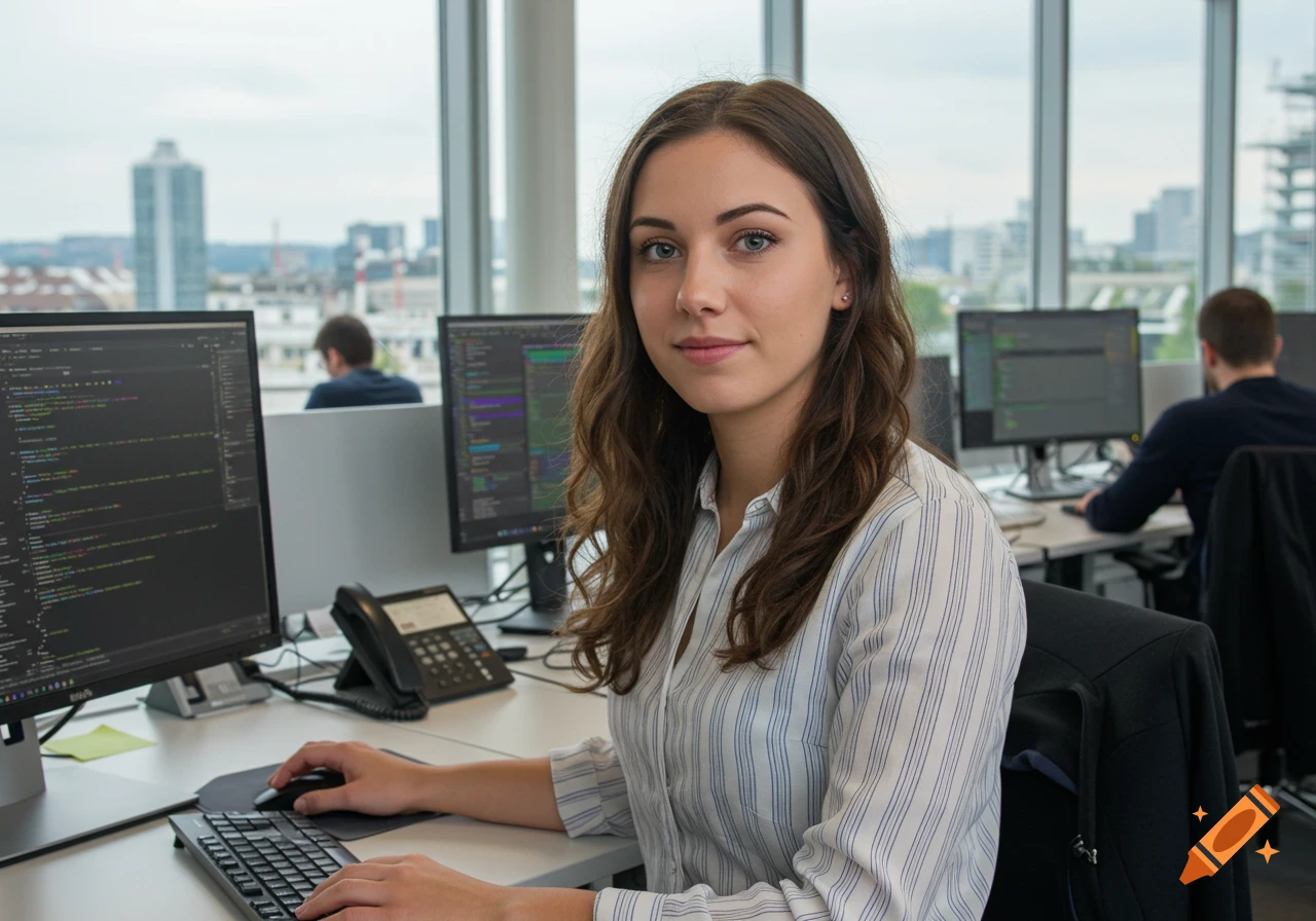 A female software developer with long wavy brown hair and blue eyes, wearing a striped shirt, works at a computer in an open-plan office.