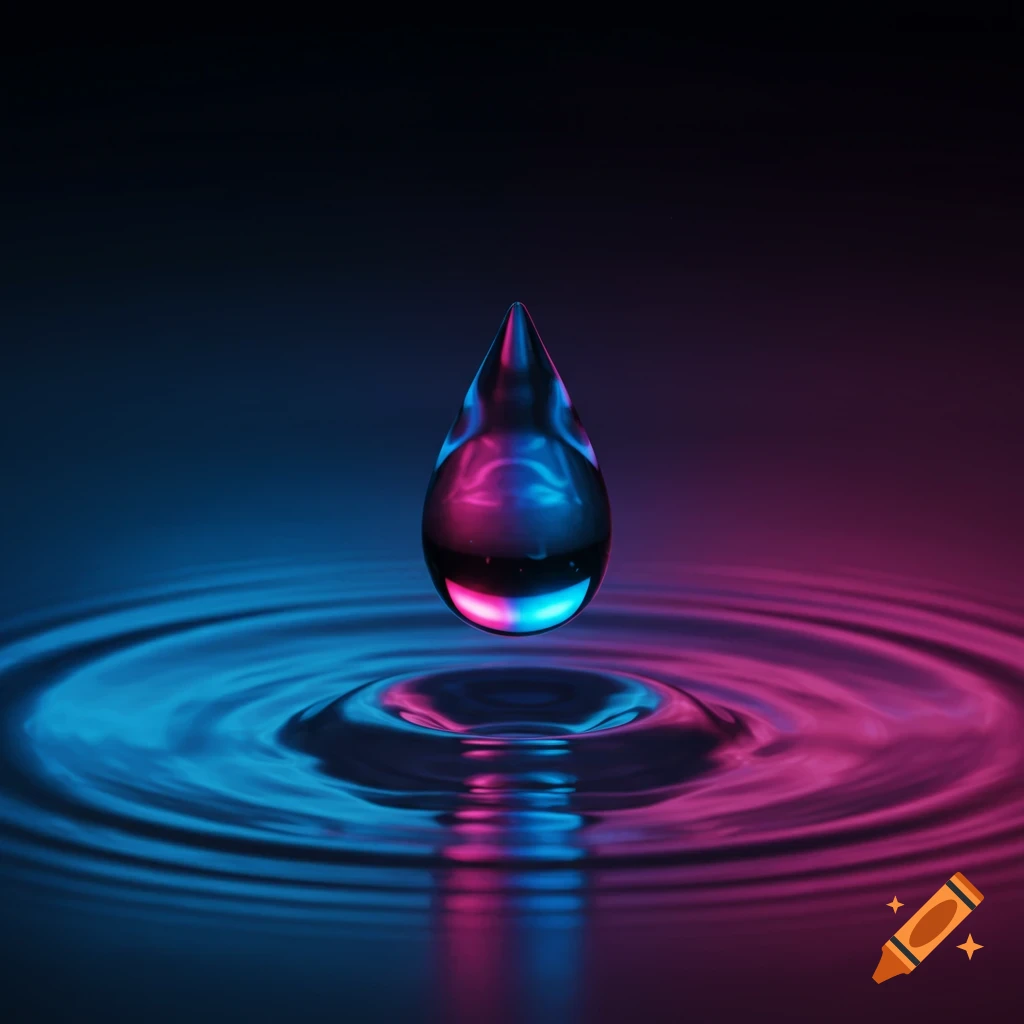 A vibrant water droplet hovers above a rippling surface, reflecting neon blue and pink light on a dark background.