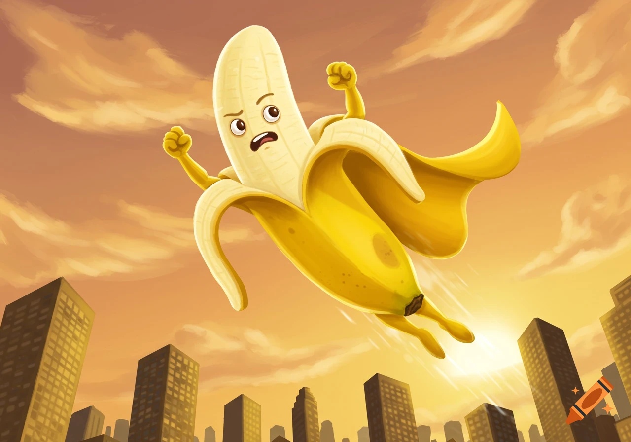 A cartoon banana superhero, partially peeled, flies with a yellow cape over a city at sunset.