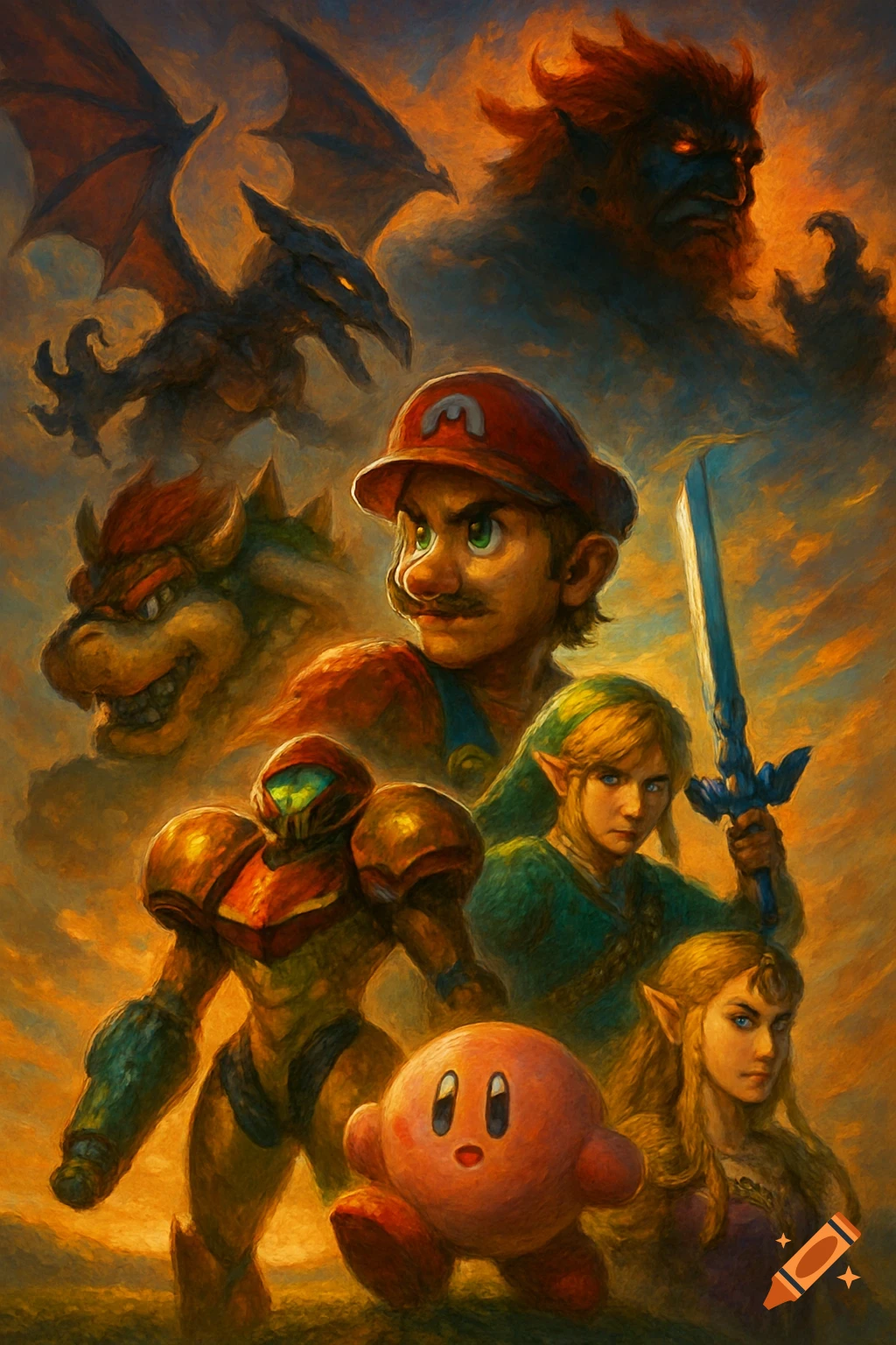 A dramatic, painterly movie poster featuring various Nintendo characters: Mario, Link, Samus, Kirby, Princess Zelda, Bowser, Ridley, and Ganondorf.