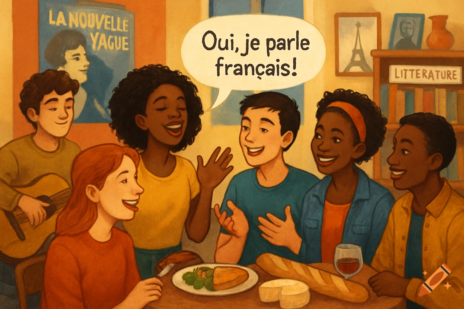 An illustration of diverse young people gathered at a table, some speaking French, others eating or playing guitar, surrounded by French cultural items.