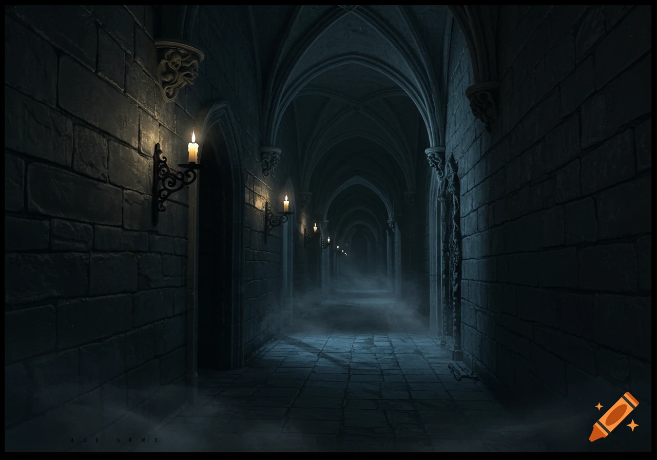 A dark, eerie gothic castle corridor with vaulted ceilings, stone walls, and candles casting dim light through a misty floor.