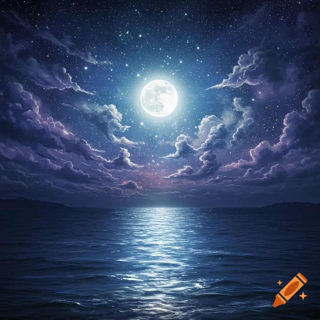 Full moon glowing brightly over a calm ocean at night, with many stars and dramatic clouds in the sky.