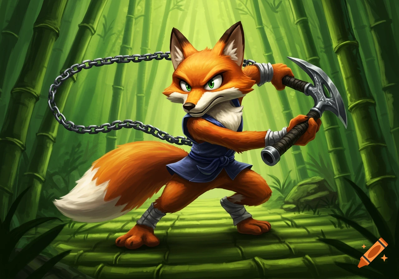 A vibrant cartoon anthropomorphic fox ninja wields a kusarigama in a bamboo forest.