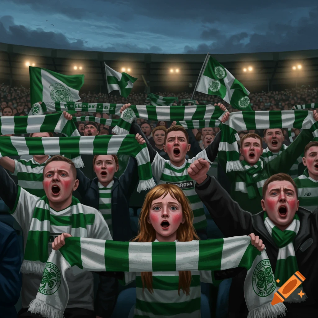 A crowd of football fans cheering in a stadium, waving green and white scarves and flags.