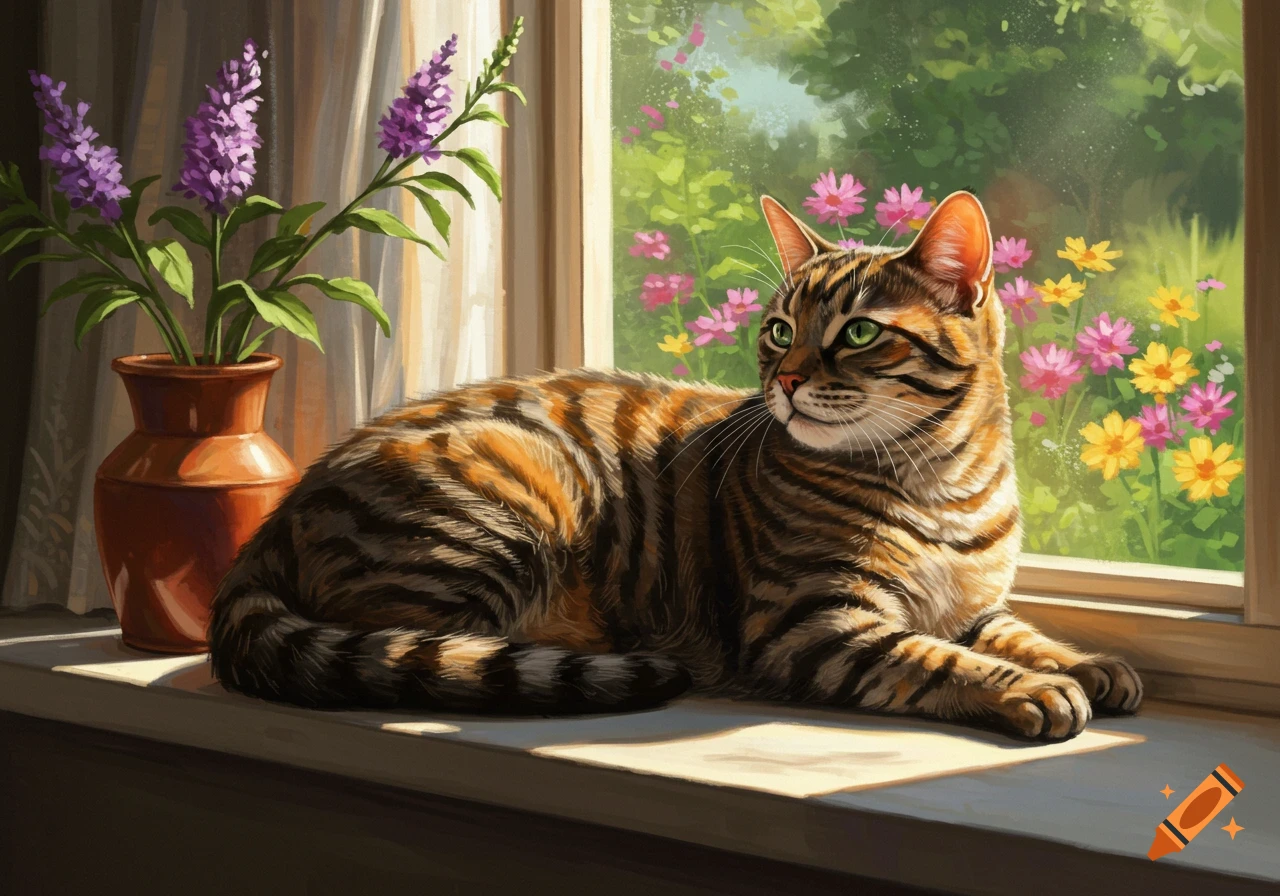 A tabby cat lies on a sunlit windowsill, looking out at a garden with colorful flowers, in a painterly style.