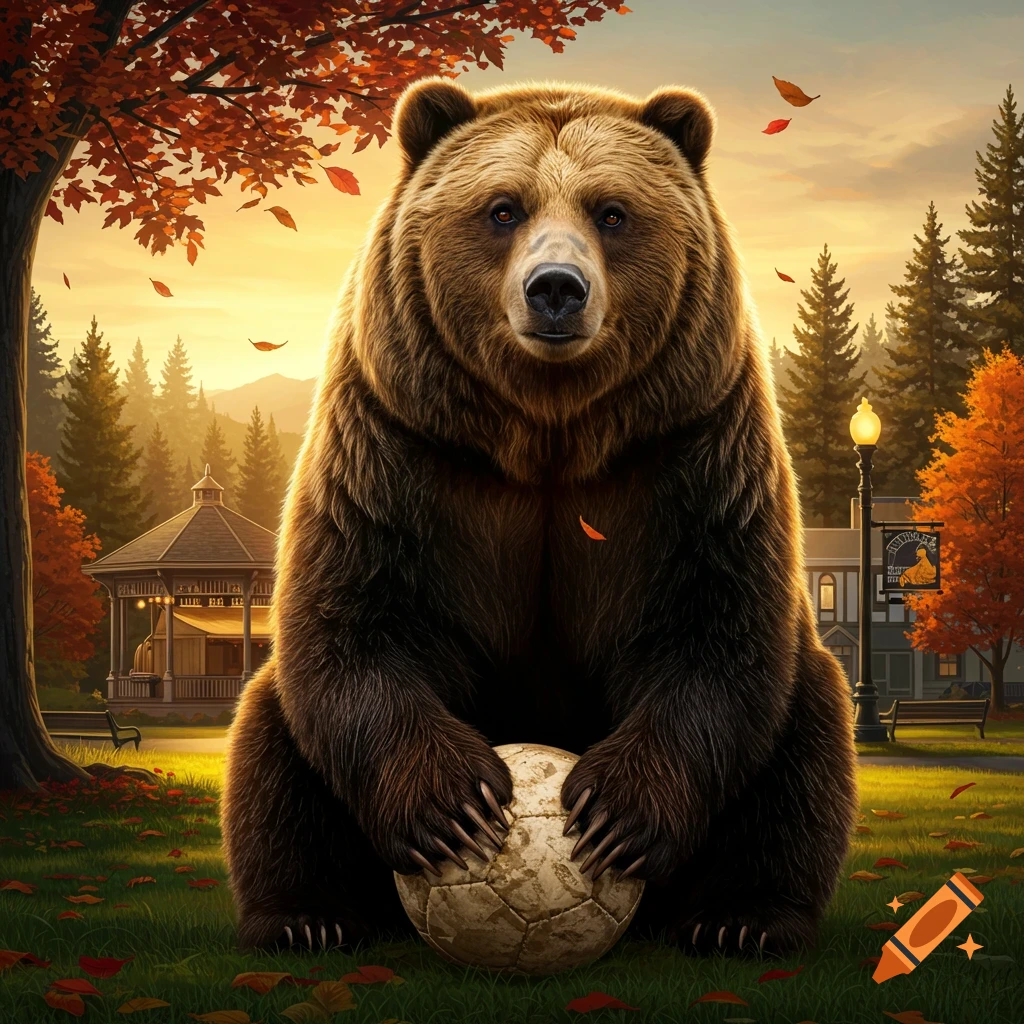 A majestic grizzly bear sits on green grass, holding a worn soccer ball in an autumn park at sunset.