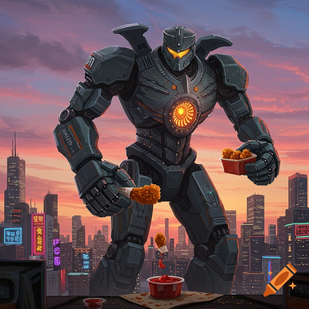 A giant dark grey mecha stands above a cityscape at sunset, holding a box of chicken nuggets and dunking a nugget into a large red sauce cup.