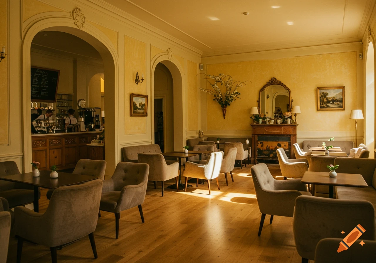 Photorealistic interior of a warm cafe lounge with a counter, tables, and armchairs in soft yellow light.