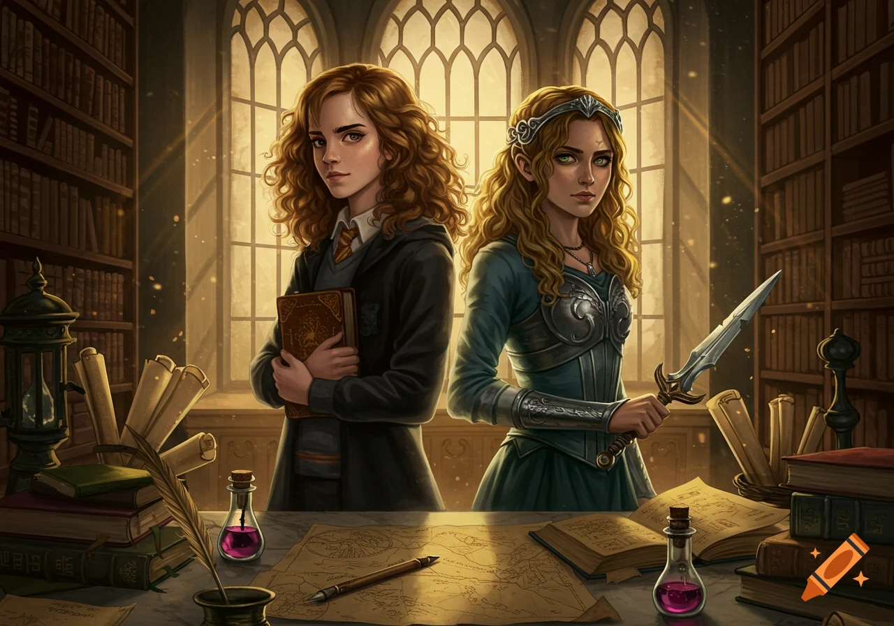 Two young women, one in a school uniform holding a book and another in armor with a dagger, stand in a grand fantasy library.