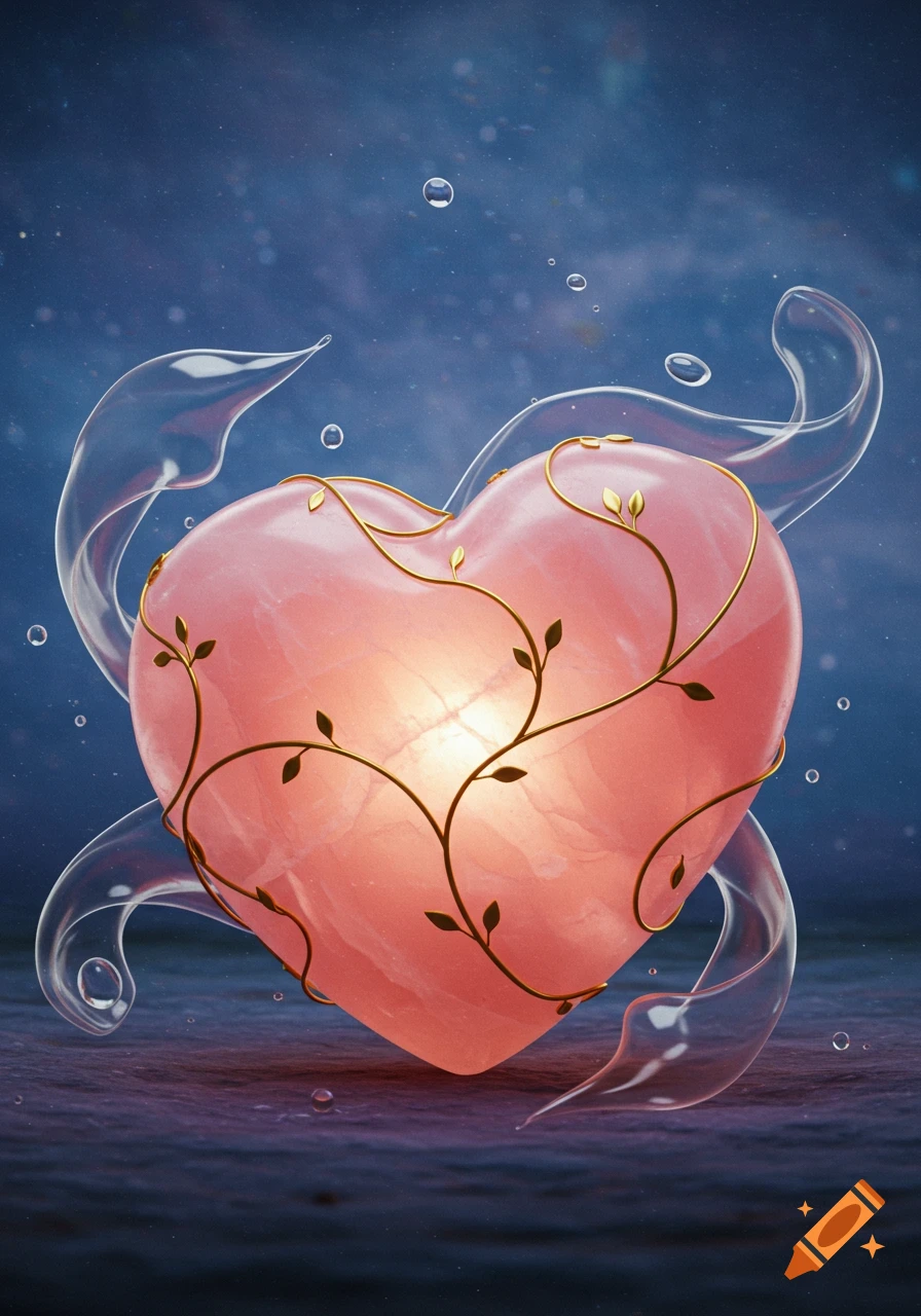 Glowing pink heart with gold vines and clear swirling ribbons, surrounded by bubbles against a dark blue, shimmering background.