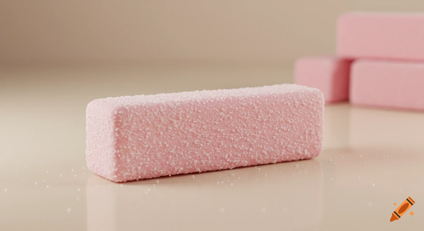 Close-up of a pastel pink rectangular candy covered in white powder, with blurred candies in the background.