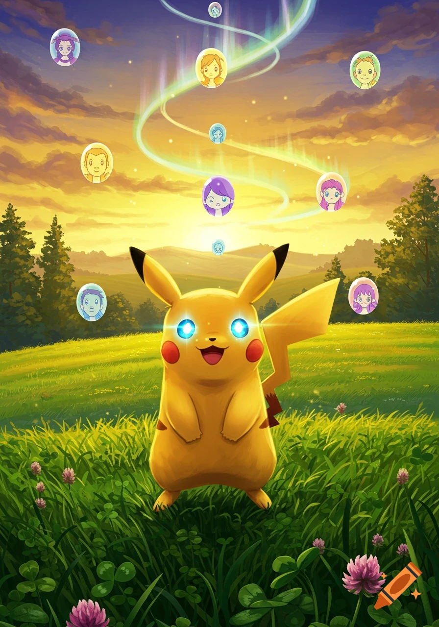 Pikachu with glowing blue eyes stands in a vibrant green field at sunset, surrounded by floating, cartoon-style faces and colorful light streams.