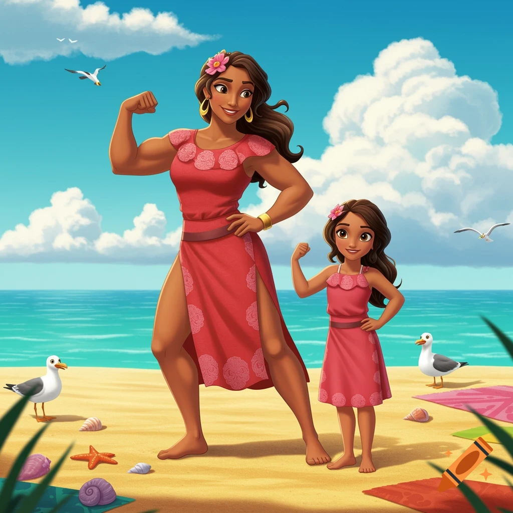 A cartoon mother and daughter, in red dresses, flex their muscles on a sunny beach, surrounded by seagulls and seashells.