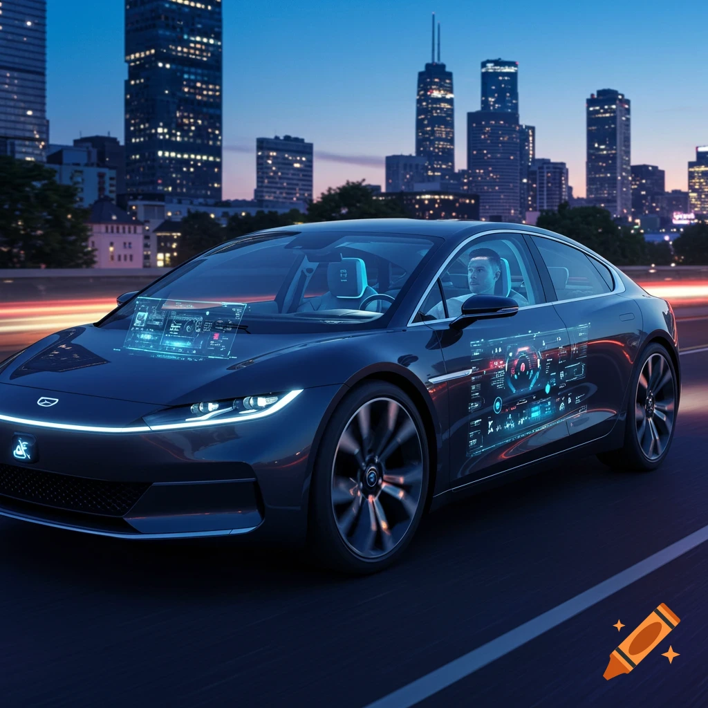 A sleek, dark futuristic car with holographic displays drives through a neon-lit city at dusk.