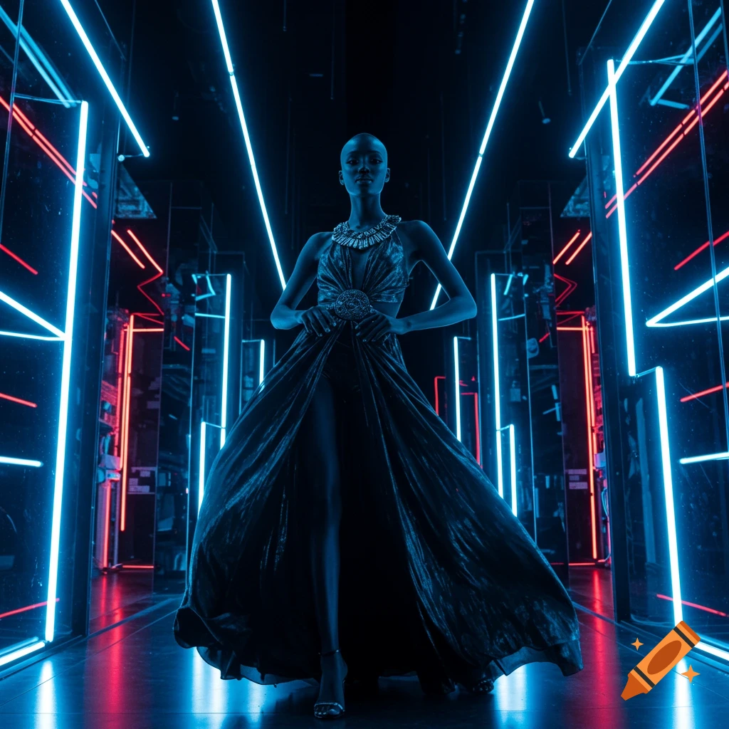 Bald model in a flowing dark dress and ornate necklace poses confidently in a futuristic room with glowing blue and red neon lights.