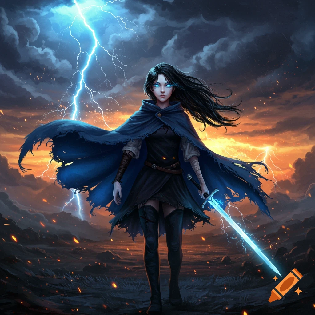 A dark-haired woman with glowing blue eyes, wearing a tattered blue cloak and black dress, stands with a glowing sword amidst lightning and fiery clouds.
