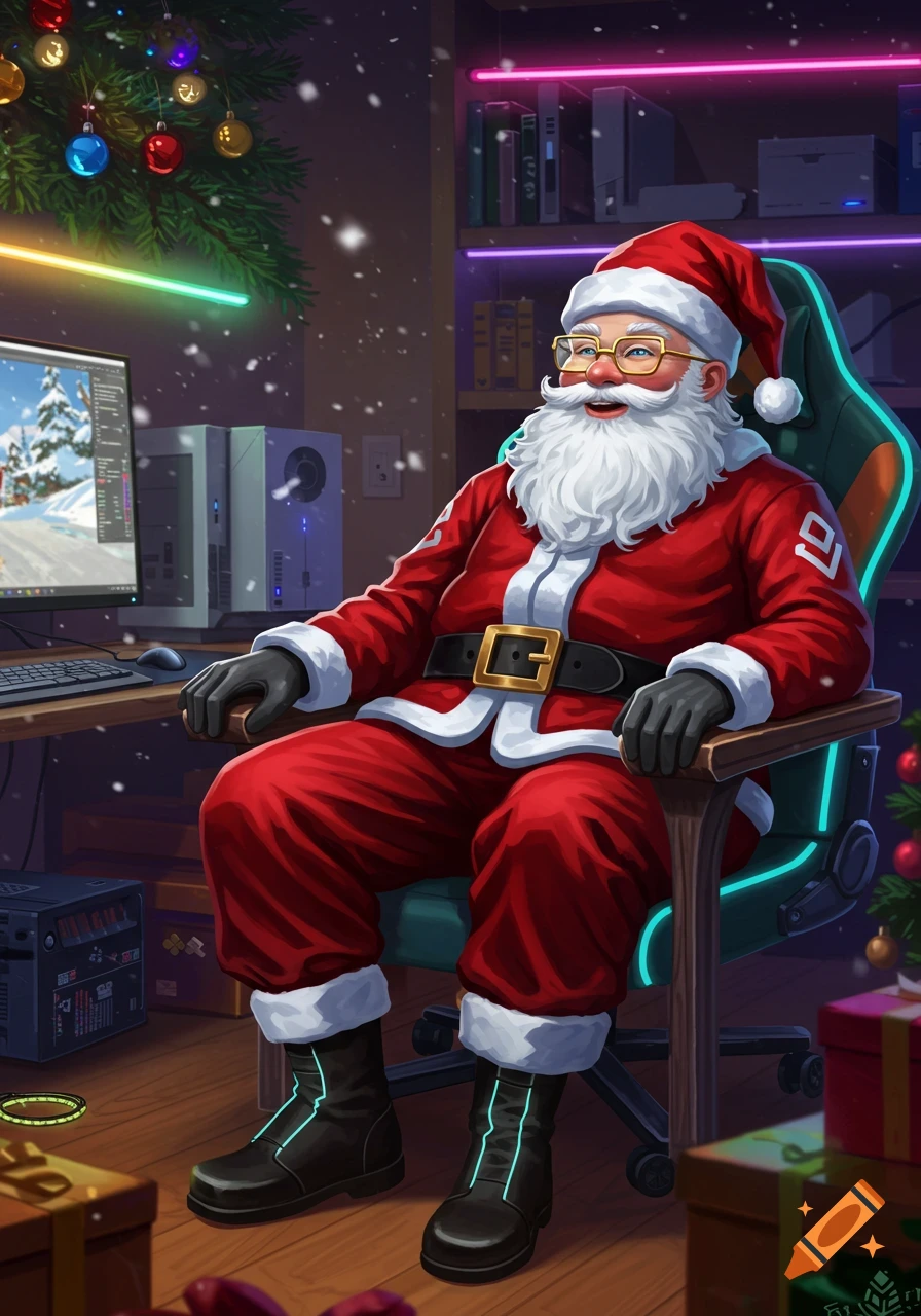 Santa Claus in a red suit and glasses sits in a glowing gaming chair at a computer desk with a decorated Christmas tree and falling snow.