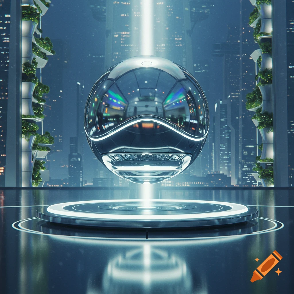 A shiny, reflective, spherical object floats above a glowing platform in a futuristic city with tall buildings and vertical gardens.