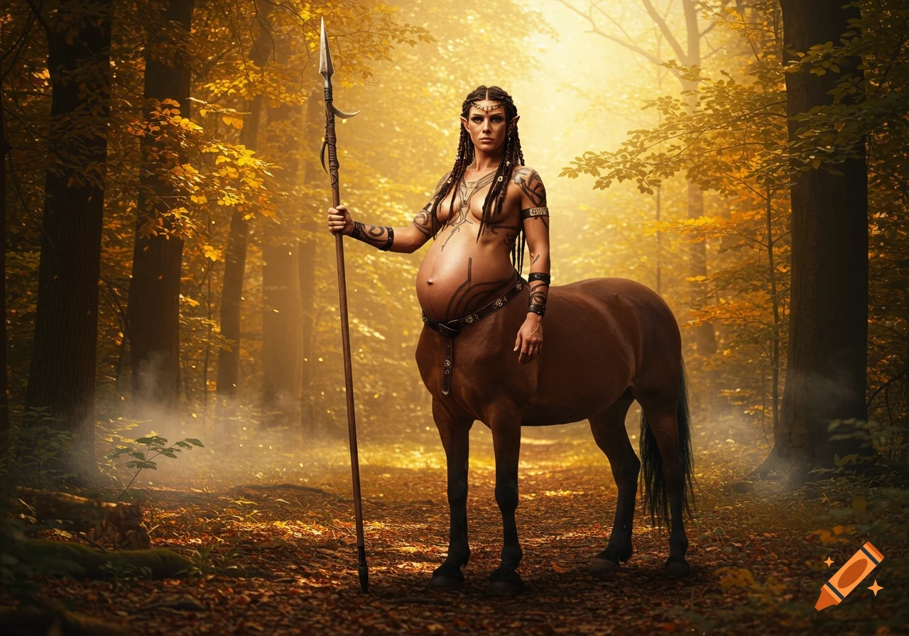 Photorealistic pregnant centaur warrior with tattoos, wielding a spear in a golden, misty autumn forest.