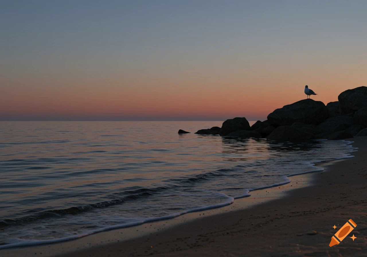 Photorealistic image of a beach at sunset with a seagull perched on dark rocks, gentle waves lapping the sand.