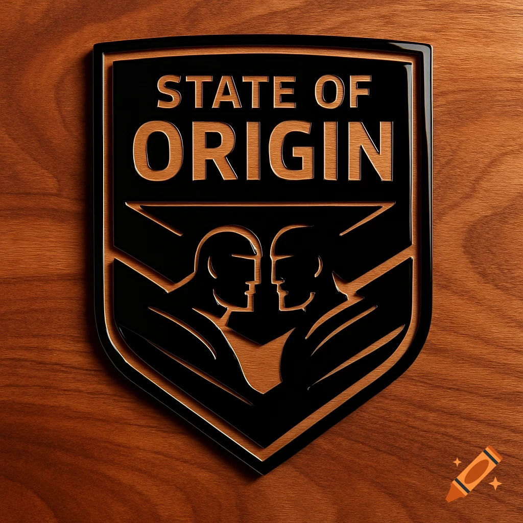 A black and gold laser-cut logo for 'STATE OF ORIGIN' featuring two stylized heads facing each other, on a wooden background.