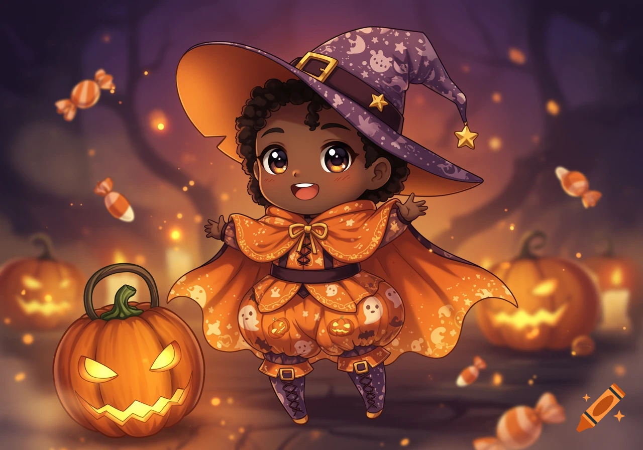 A cute African American chibi witch in an orange Halloween costume and purple hat, with glowing jack-o'-lanterns and candies.