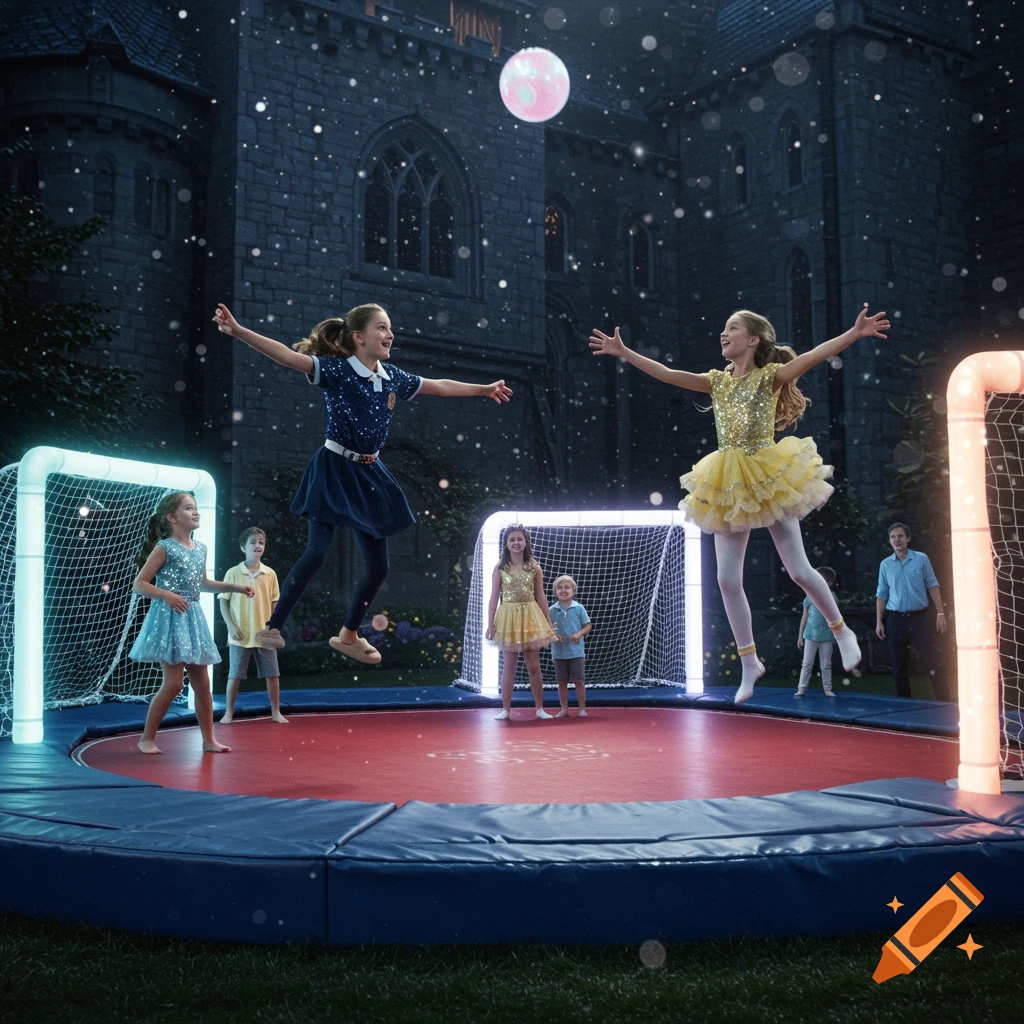 Children play on a huge trampoline with glowing goal posts in a castle courtyard, reaching for a glowing ball in a magical night scene.
